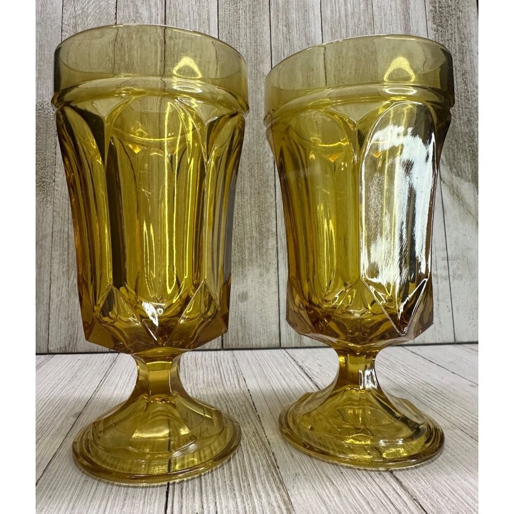 Vtg Anchor Hocking Fairfield Style Amber Glass Wine Water Goblets  7" Set of 2